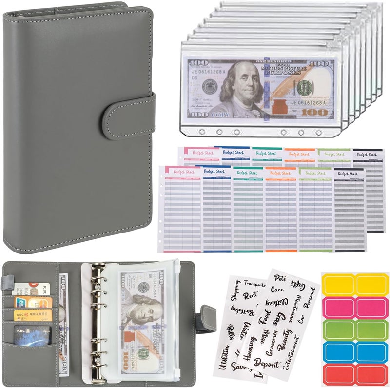 NICOOTHBudget Binder Cash Envelopes A6 Money Saving Binder with Zipper envelopes (Full Grey) - Image 1